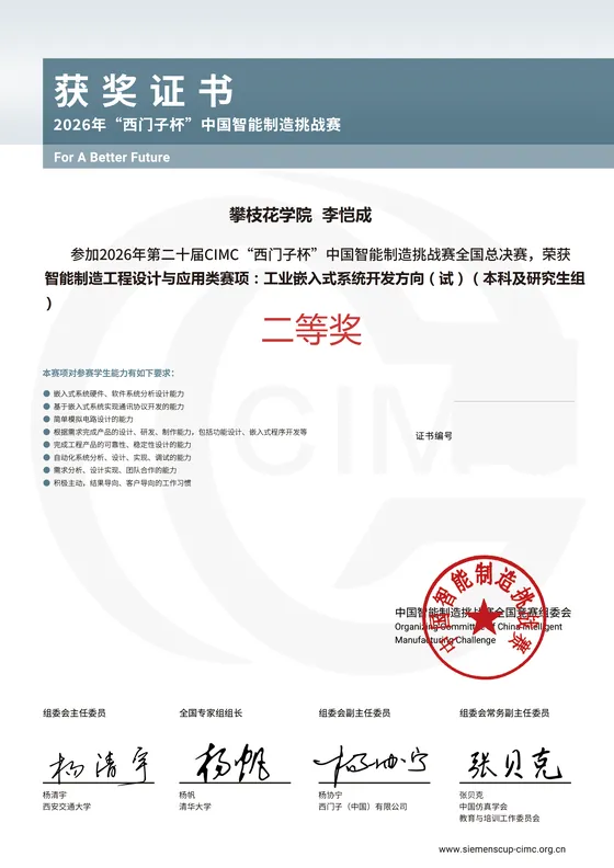 经隐私处理的 2026 CIMC 全国总决赛二等奖证书
