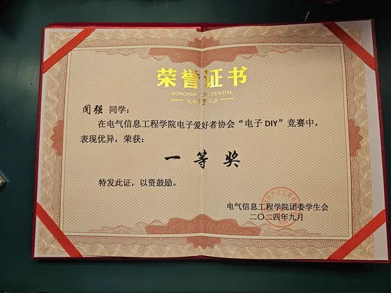 2024 电子爱好者协会电子 DIY 竞赛一等奖证书